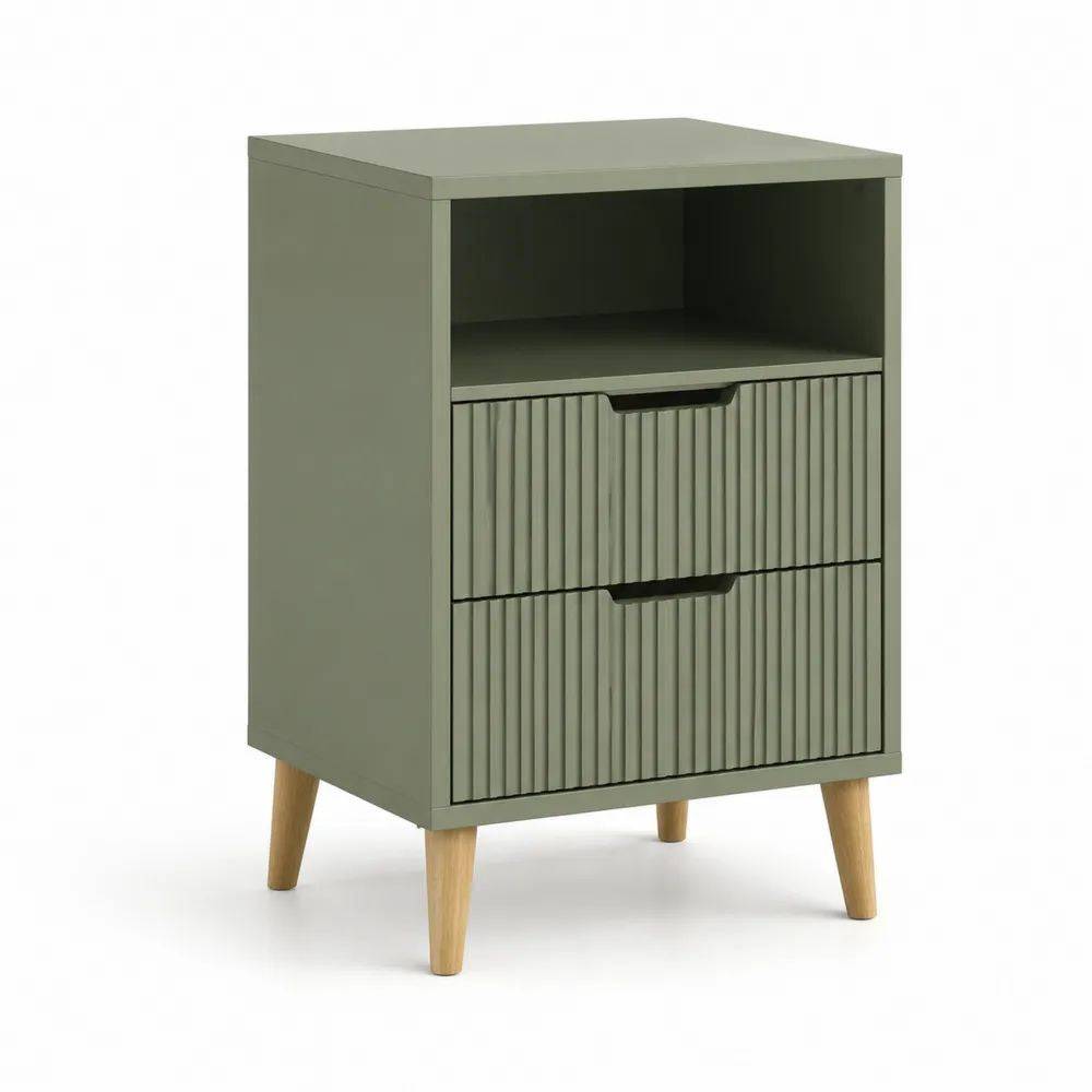 Table de chevet rectangulaire en MDF et bois, 2 tiroirs et niche ouverte, vert sauge, 40 × 35 × 65 cm
