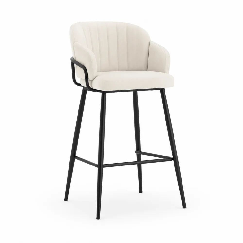Tabouret de bar rembourré en polyester et acier avec dossier et accoudoirs, 56 × 58 × 103 cm, ivoire et noir