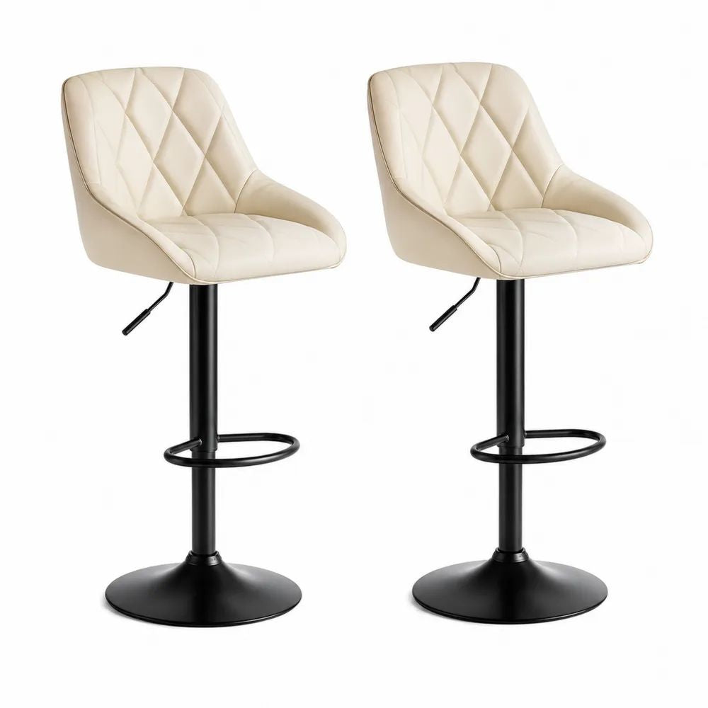 Lot de 2 tabourets de bar réglables et pivotants en similicuir crème avec dossier, 52 × 51 × 86–107 cm, base en acier noir