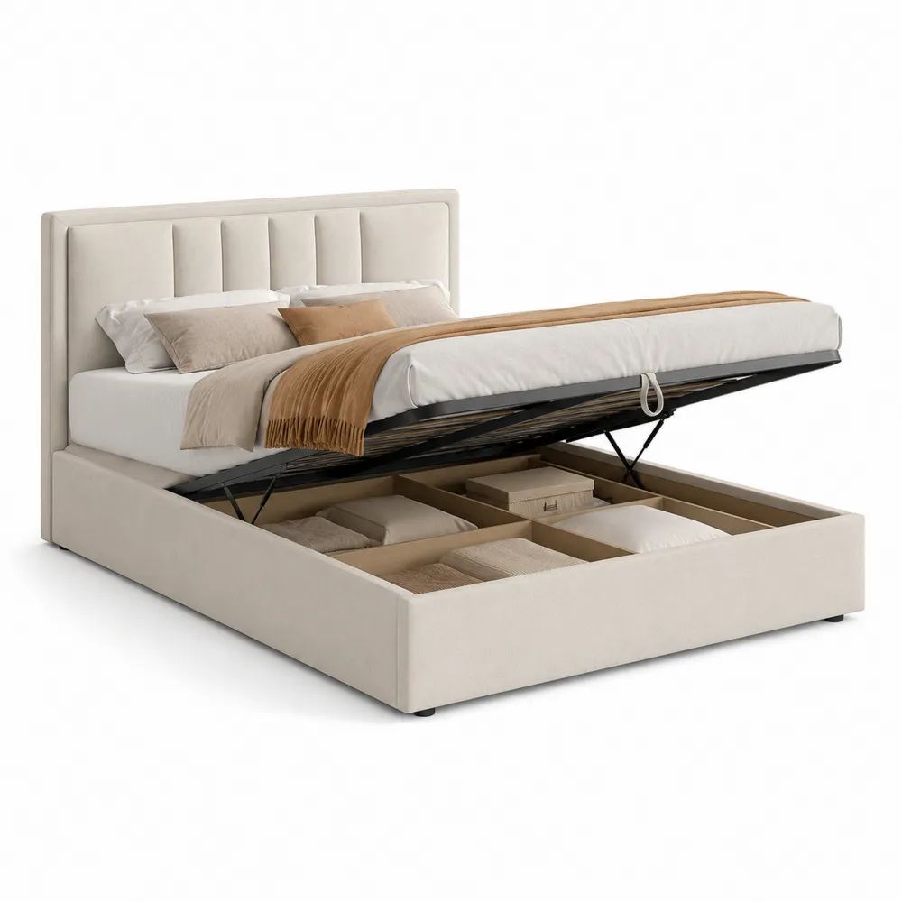 Lit coffre double en tissu beige clair avec sommier relevable, couchage 160 x 200 cm, dimensions 169 x 214 x 110 cm