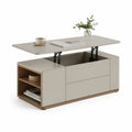 Table basse relevable rectangulaire en bois avec 2 tiroirs et 2 niches, grège et noyer, 100 x 60 x 48 cm