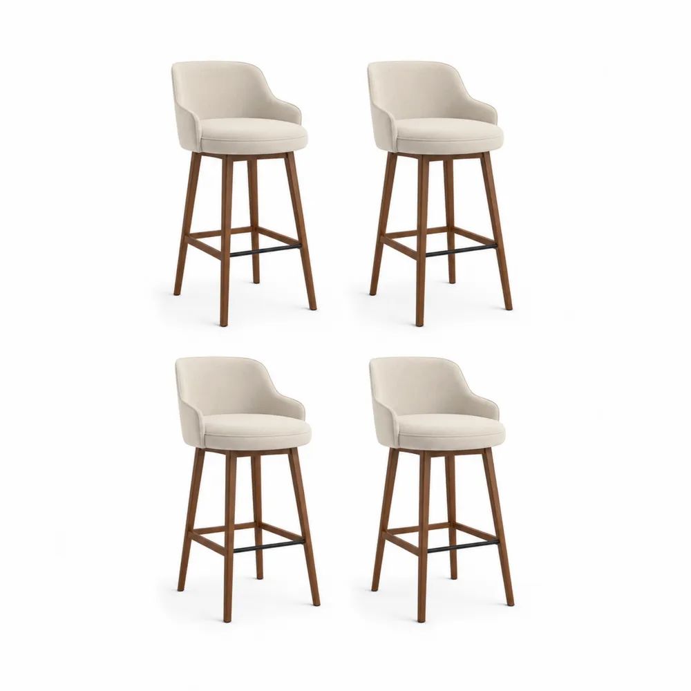 Lot de 4 tabourets de bar rembourrés en tissu beige, pieds en bois et repose-pieds en métal, 54 × 56 × 102 cm, hauteur d’assise 70 cm