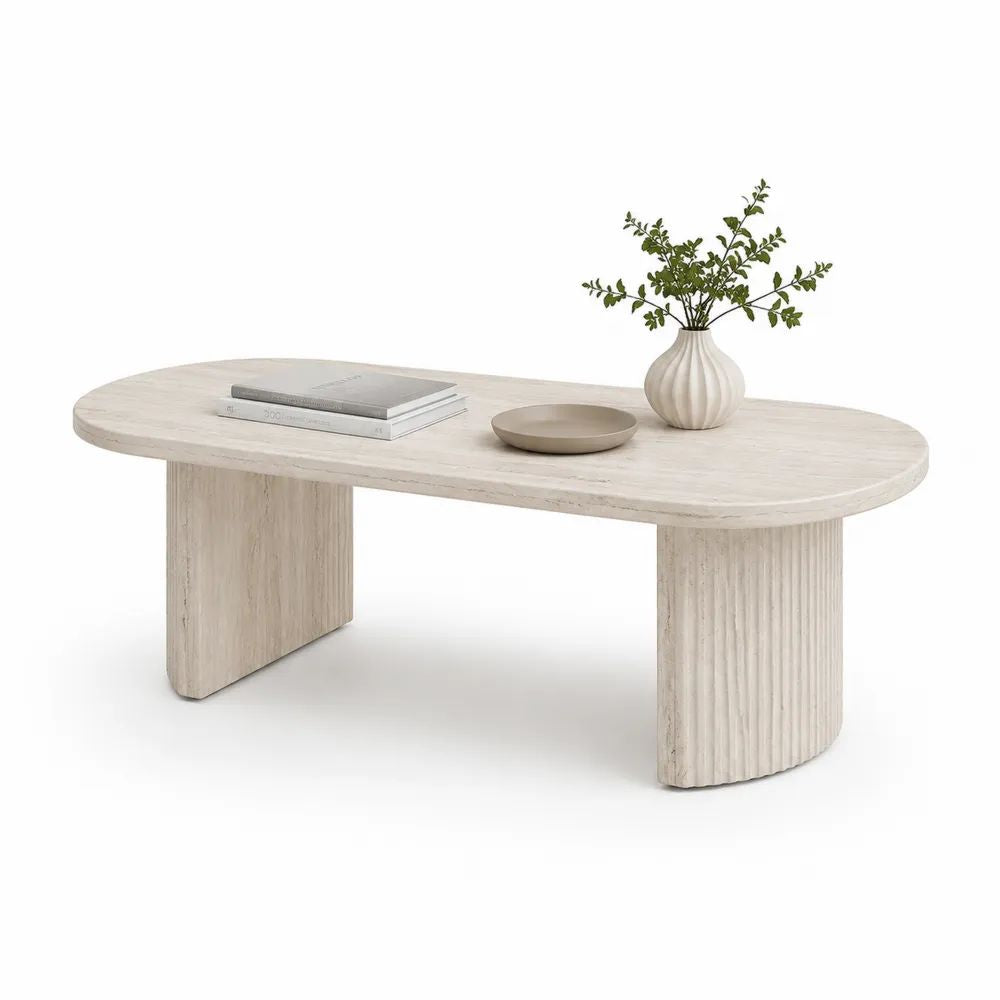 Table basse ovale en MDF finition chêne blanchi avec piètement cannelé, 120 × 60 × 45 cm, blanc cassé et beige clair