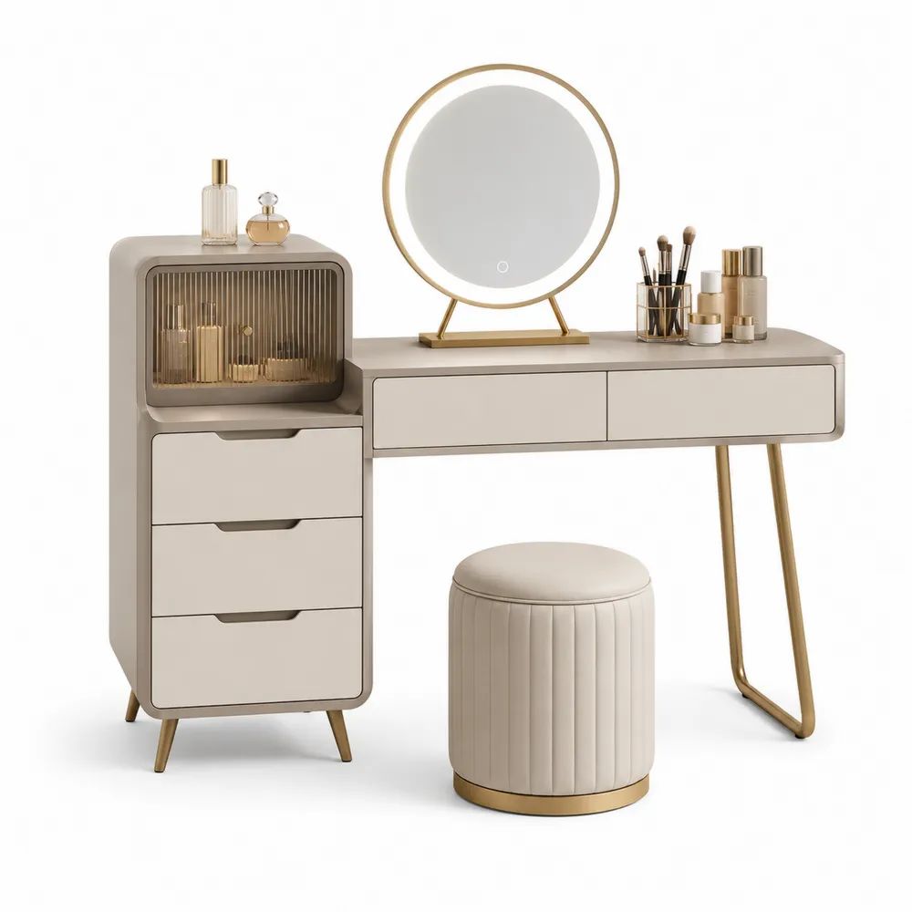 Coiffeuse avec miroir LED et tabouret, ensemble 3 pièces en MDF, acier et verre, beige et or, 120 x 40 x 140 cm