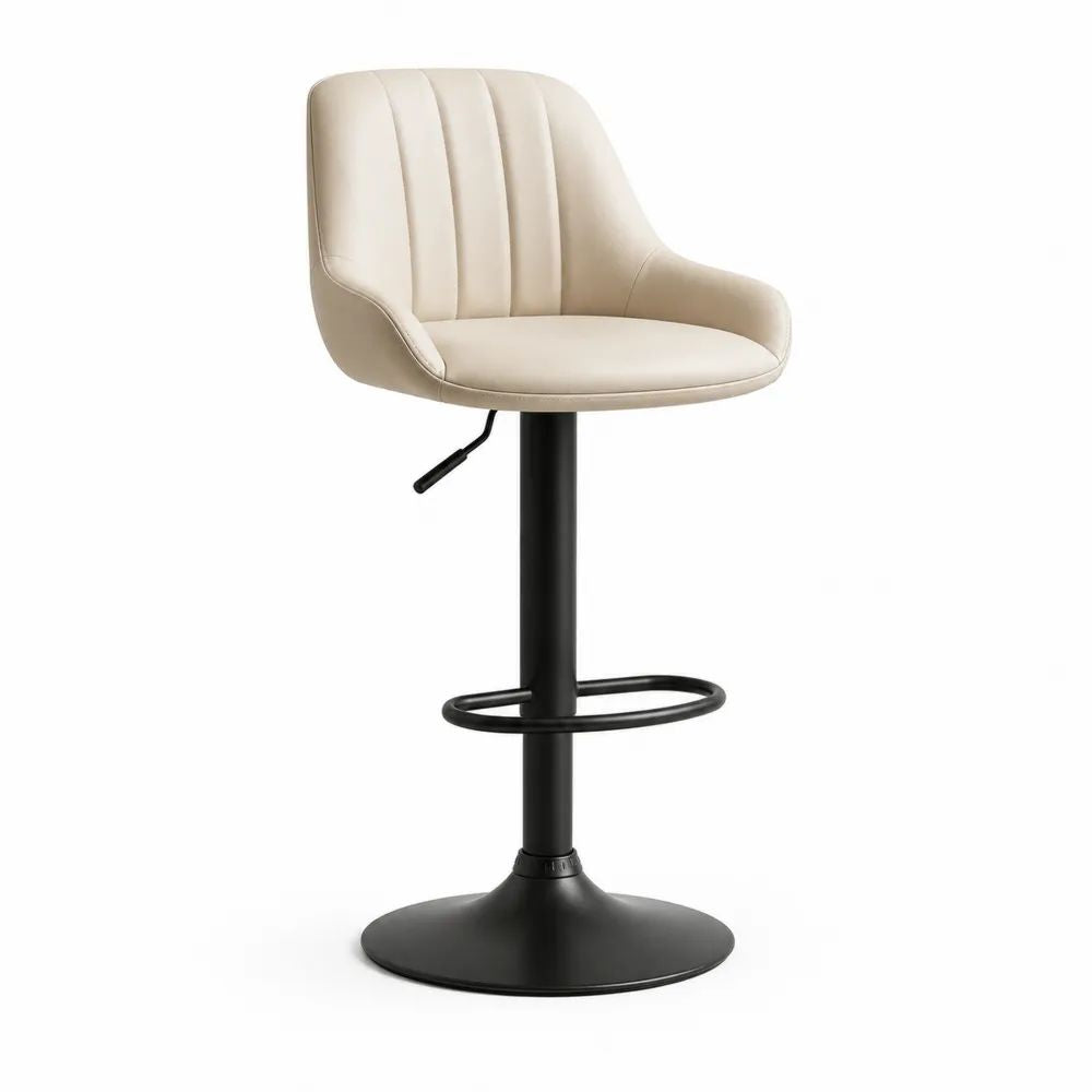 Tabouret de bar réglable et pivotant en similicuir PU beige et métal noir avec dossier, accoudoirs et repose-pieds, 52 × 51 × 86-107 cm