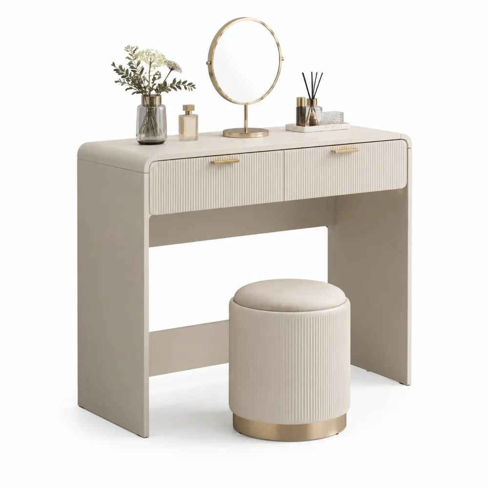 Coiffeuse en MDF beige et doré avec miroir et tabouret, 2 tiroirs, 100 x 40 x 80 cm