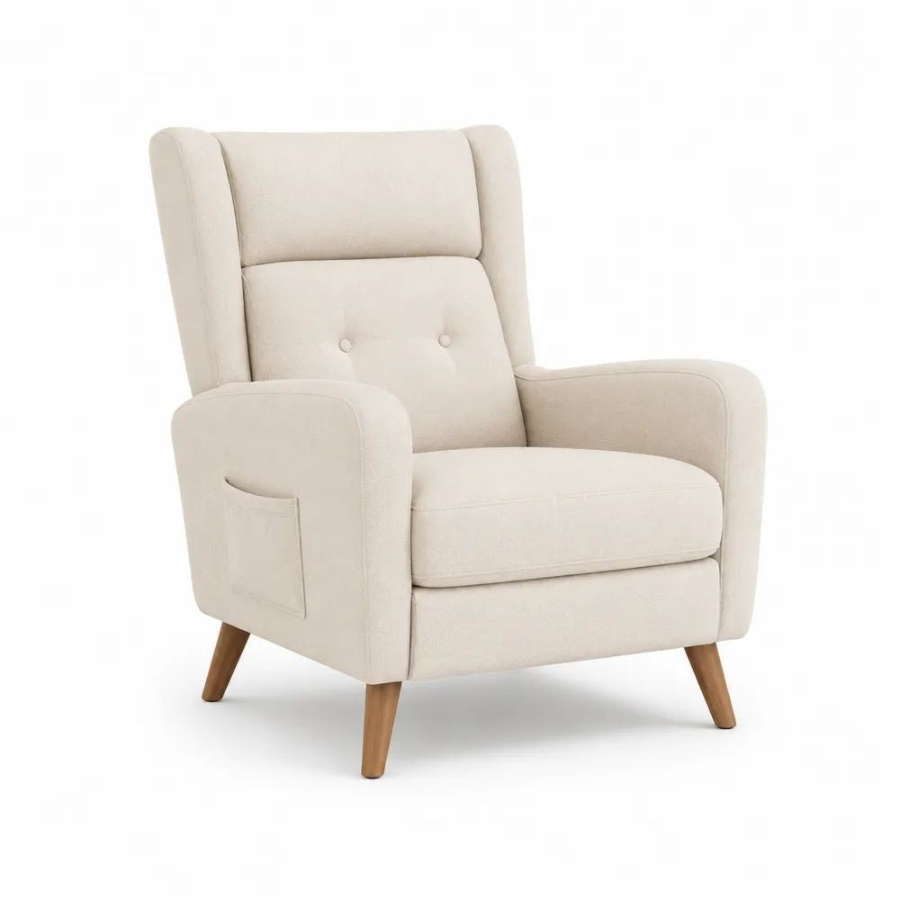 Fauteuil de salon 1 place en tissu beige clair avec dossier haut et pieds en bois, 75 × 88 × 101 cm