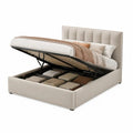 Lit coffre double beige 160 x 200 cm en polyester, cadre en acier et sommier relevable à lattes, 170 x 215 x 115 cm