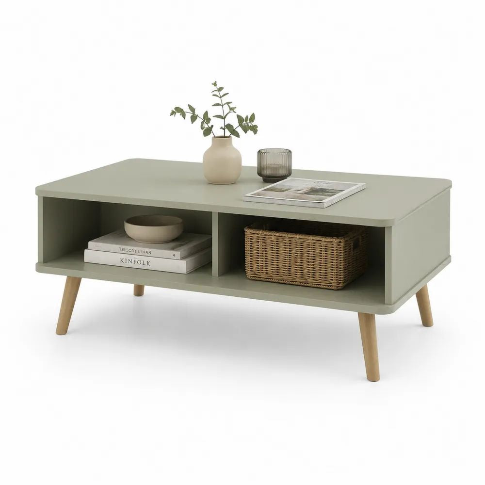 Table basse rectangulaire en MDF peint vert sauge avec 2 niches et pieds en bois, 100 × 55 × 45 cm