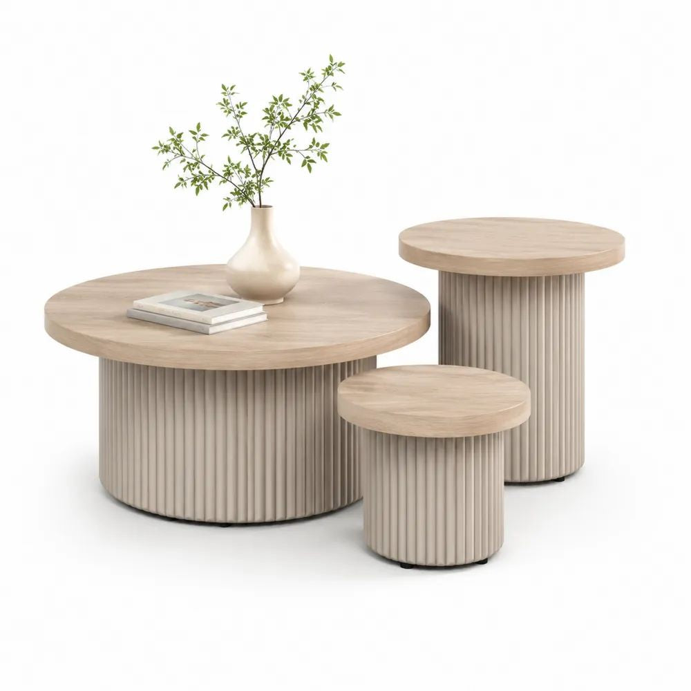 Lot de 3 tables basses rondes en bois, chêne clair et grège – Ø 80 × H 40 cm, Ø 60 × H 60 cm et Ø 40 × H 35 cm