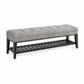 Banc bout de lit avec étagère à chaussures, assise capitonnée en tissu gris et structure en bois noir, 127 × 40 × 48 cm
