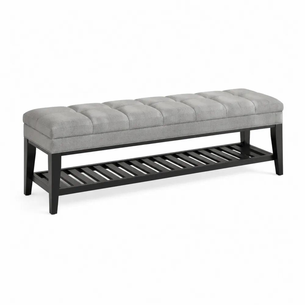 Banc bout de lit avec étagère à chaussures, assise capitonnée en tissu gris et structure en bois noir, 127 × 40 × 48 cm