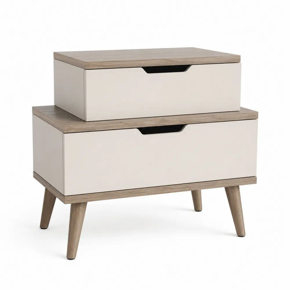 Table de chevet rectangulaire en bois à 2 tiroirs, blanc cassé et chêne clair, 60 × 39 × 66 cm
