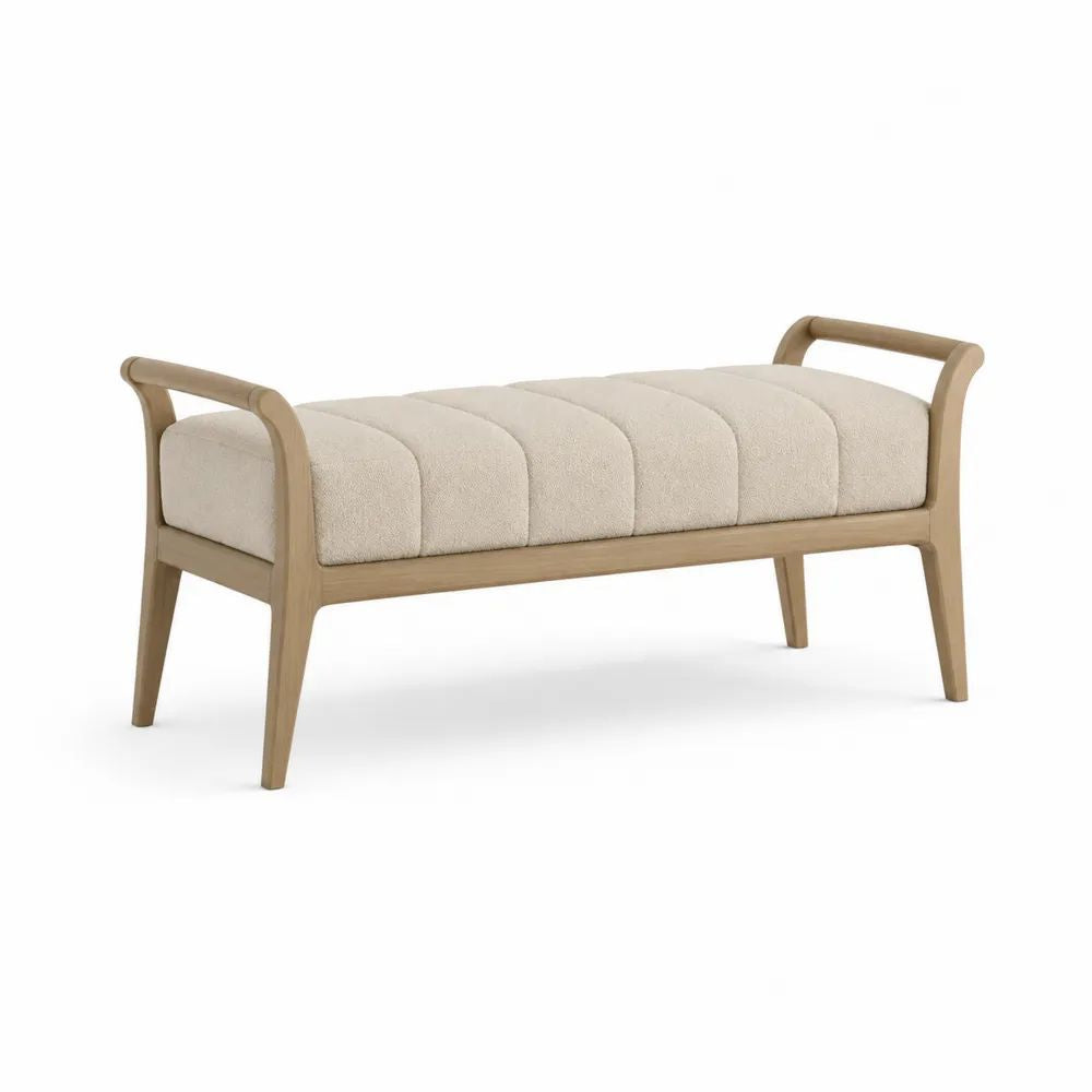 Banc rembourré en polyester bouclé et frêne massif, beige crème et bois naturel, 120 × 45 × 65 cm