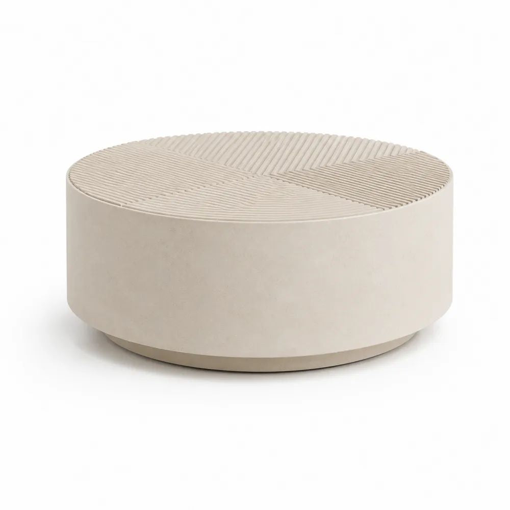 Table basse ronde en béton renforcé de fibres de verre beige Ø 80 × H 35 cm avec plateau rainuré