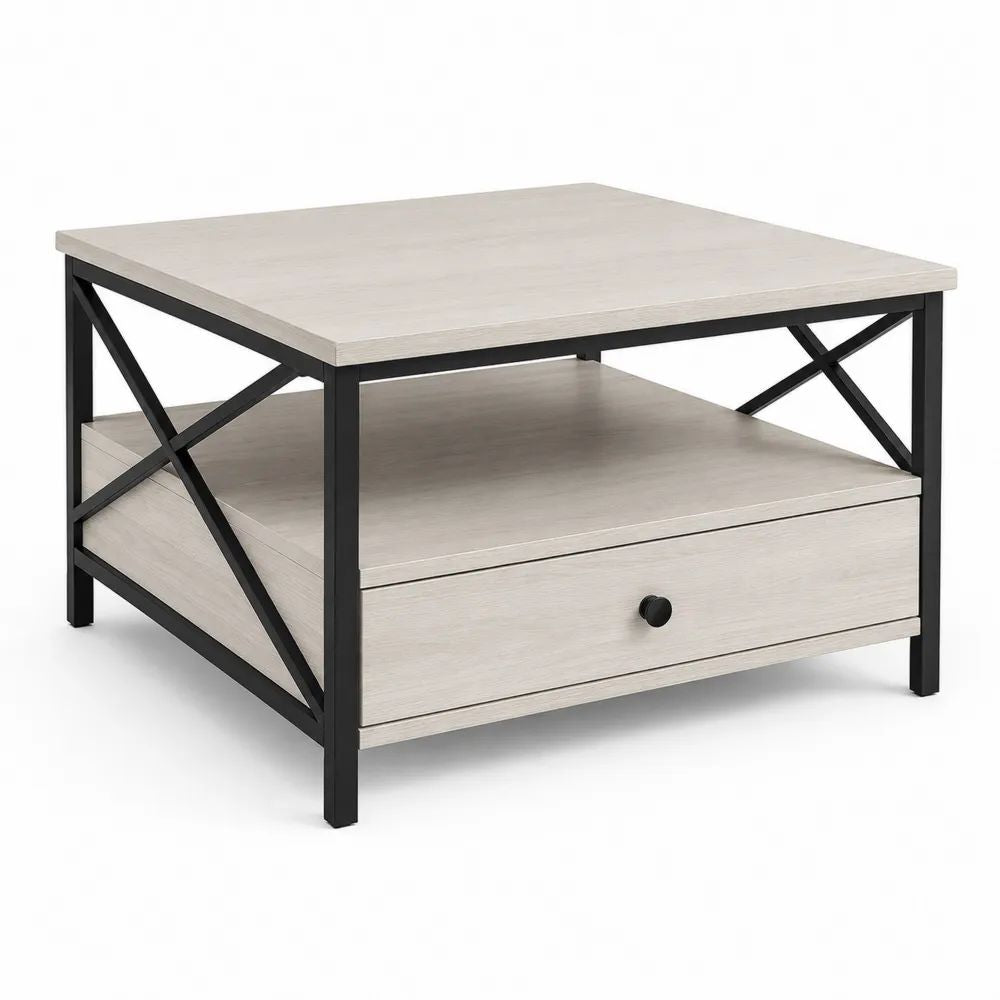 Table basse carrée en panneau de particules et acier avec tiroir et étagère, chêne blanchi et noir, 80 × 80 × 45 cm