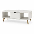 Table basse rectangulaire en MDF blanc avec tiroir, 2 niches et pieds en pin massif, 100 × 50 × 45 cm