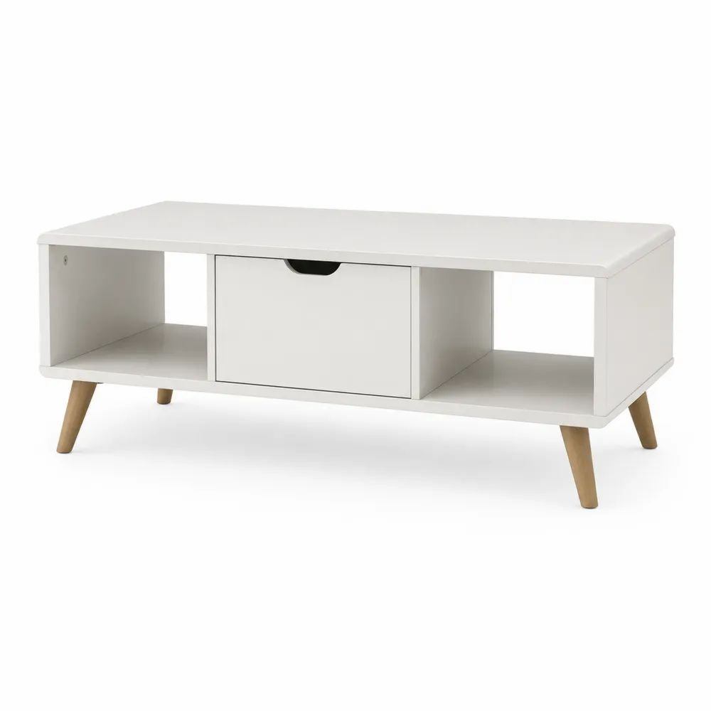 Table basse rectangulaire en MDF blanc avec tiroir, 2 niches et pieds en pin massif, 100 × 50 × 45 cm
