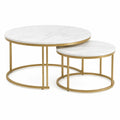 Lot de 2 tables basses gigognes rondes en MDF effet marbre blanc et acier doré, Ø 80 × H 45 cm et Ø 60 × H 38 cm