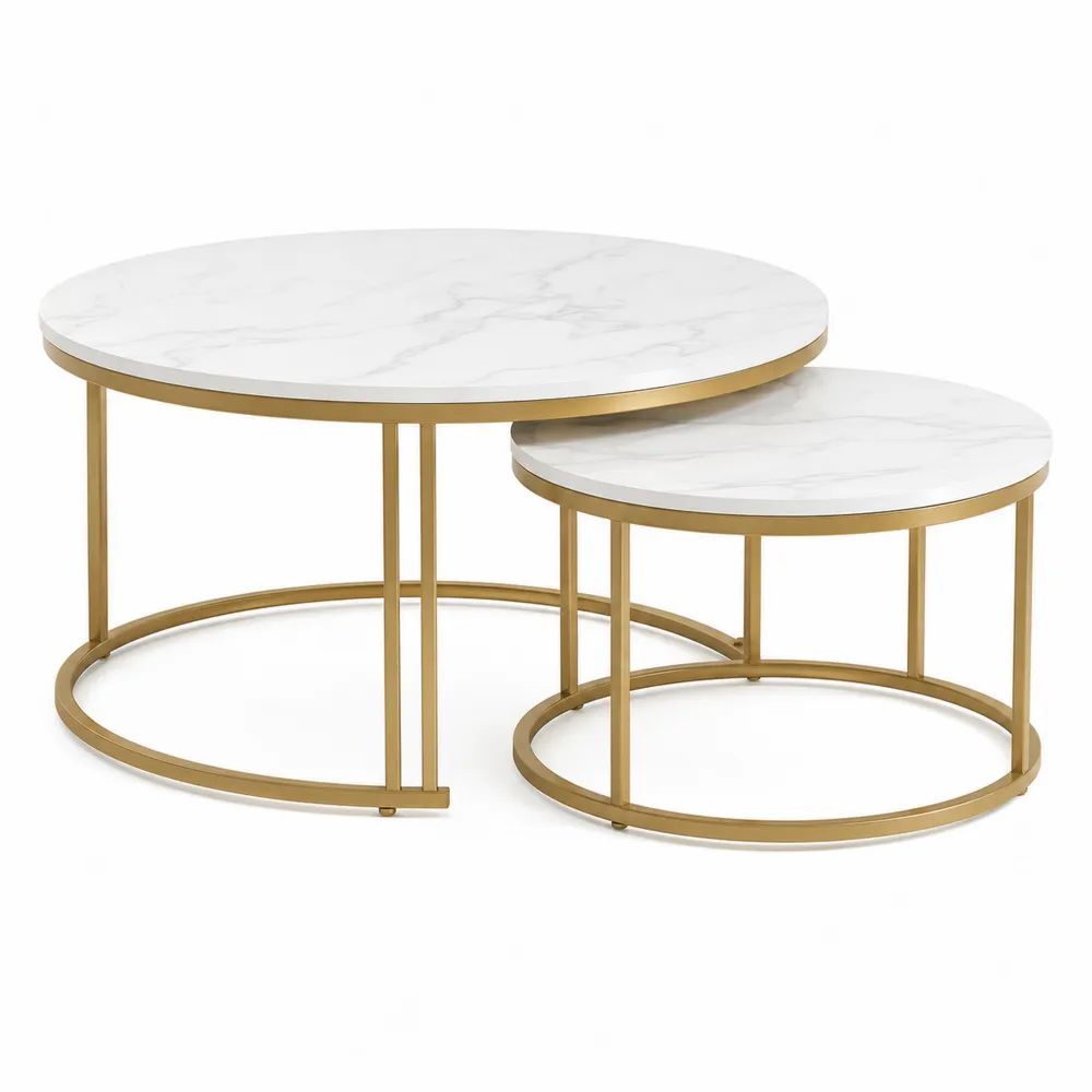 Lot de 2 tables basses gigognes rondes en MDF effet marbre blanc et acier doré, Ø 80 × H 45 cm et Ø 60 × H 38 cm
