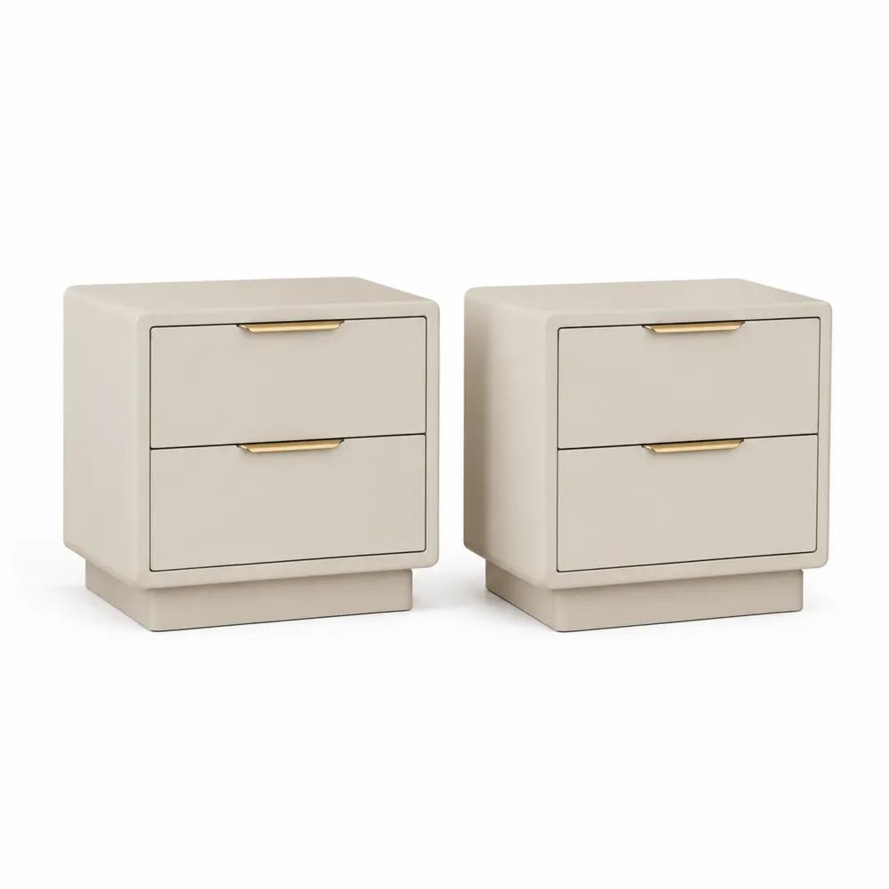 Lot de 2 tables de chevet rectangulaires en MDF avec 2 tiroirs, beige et doré, 50 × 40 × 55 cm