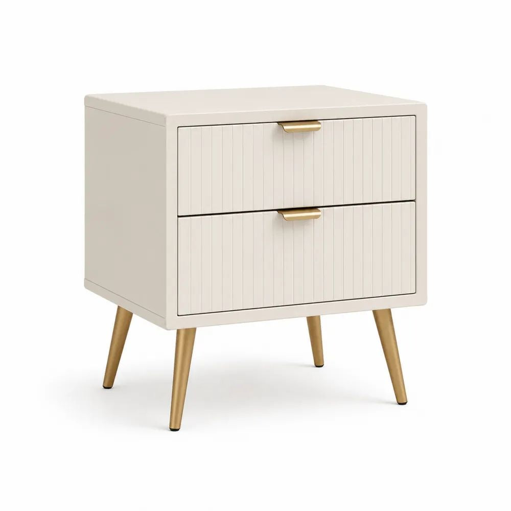 Table de chevet rectangulaire en MDF et métal à 2 tiroirs, blanc cassé et doré, 50 × 40 × 55 cm