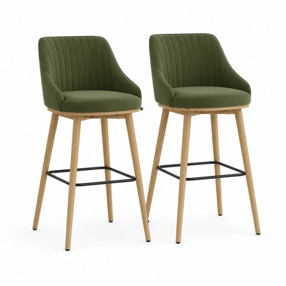 Lot de 2 tabourets de bar en velours vert olive avec dossier, accoudoirs, pieds en bois et repose-pieds en métal, 54 × 56 × 98 cm