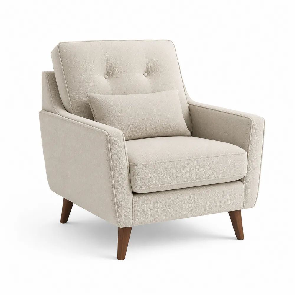 Fauteuil 1 place en tissu beige avec coussin lombaire et pieds en bois brun noyer, 84 × 86 × 90 cm