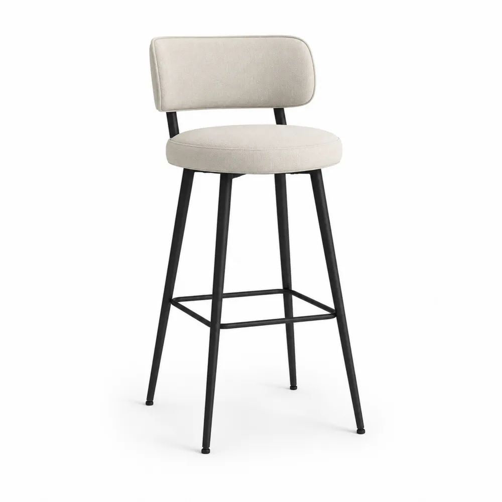Tabouret de bar en tissu beige et métal noir avec dossier, 49 x 52 x 100 cm, hauteur d’assise 75 cm