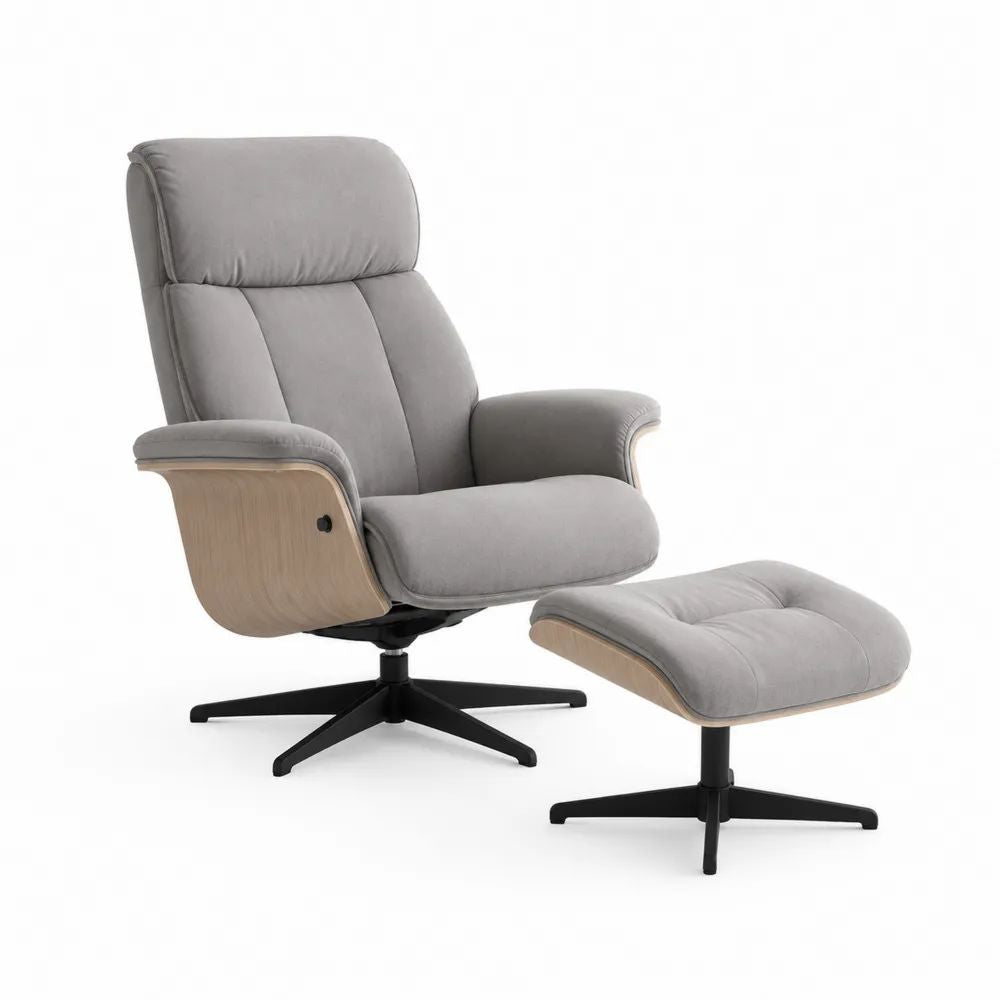 Fauteuil relax pivotant avec repose-pieds, ensemble 2 pièces en microfibre polyester grise, fauteuil 76 x 82 x 103 cm et repose-pieds 51 x 45 x 41 cm