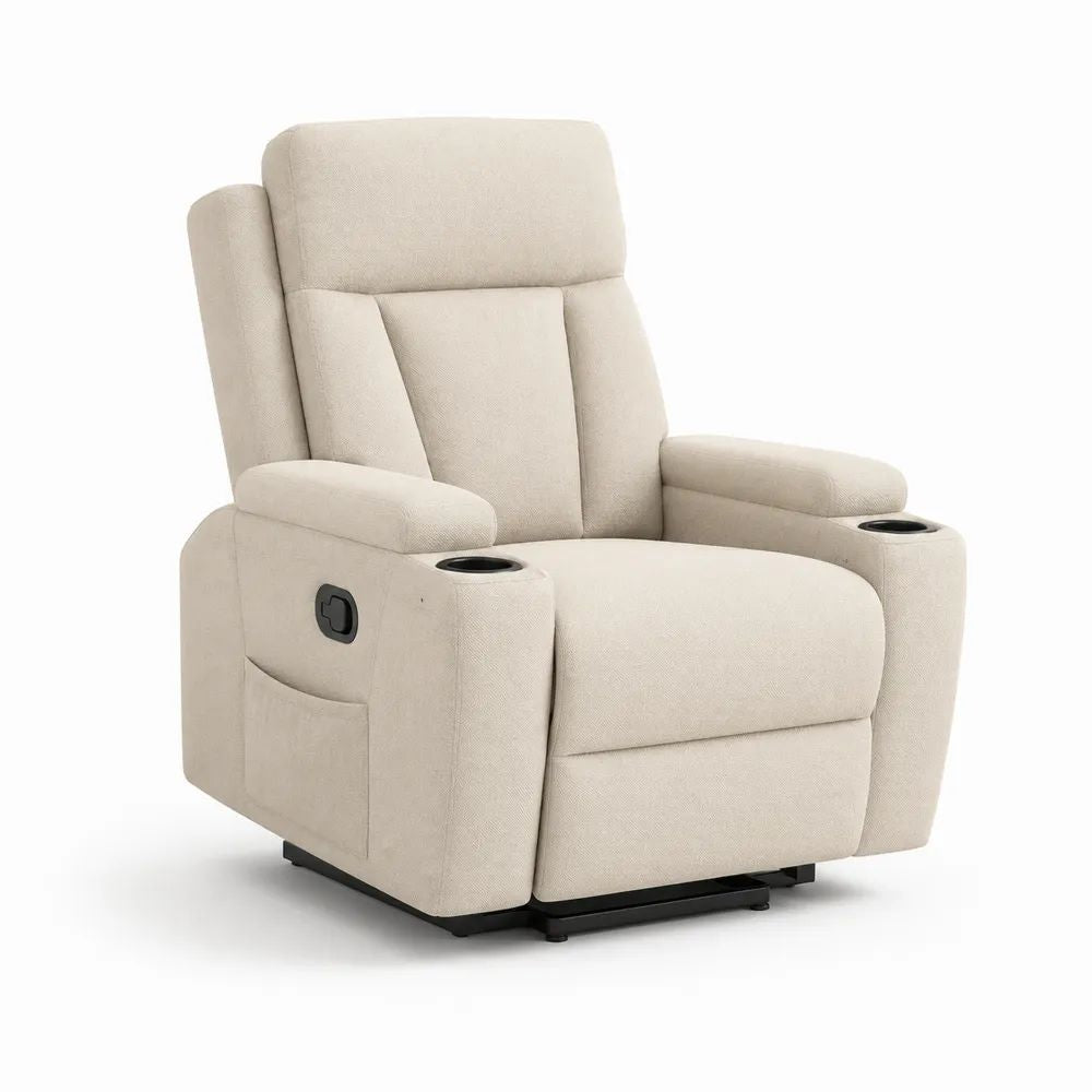Fauteuil relax manuel en tissu beige et noir avec repose-pieds, 2 porte-gobelets et poche latérale, 91 × 96 × 105 cm