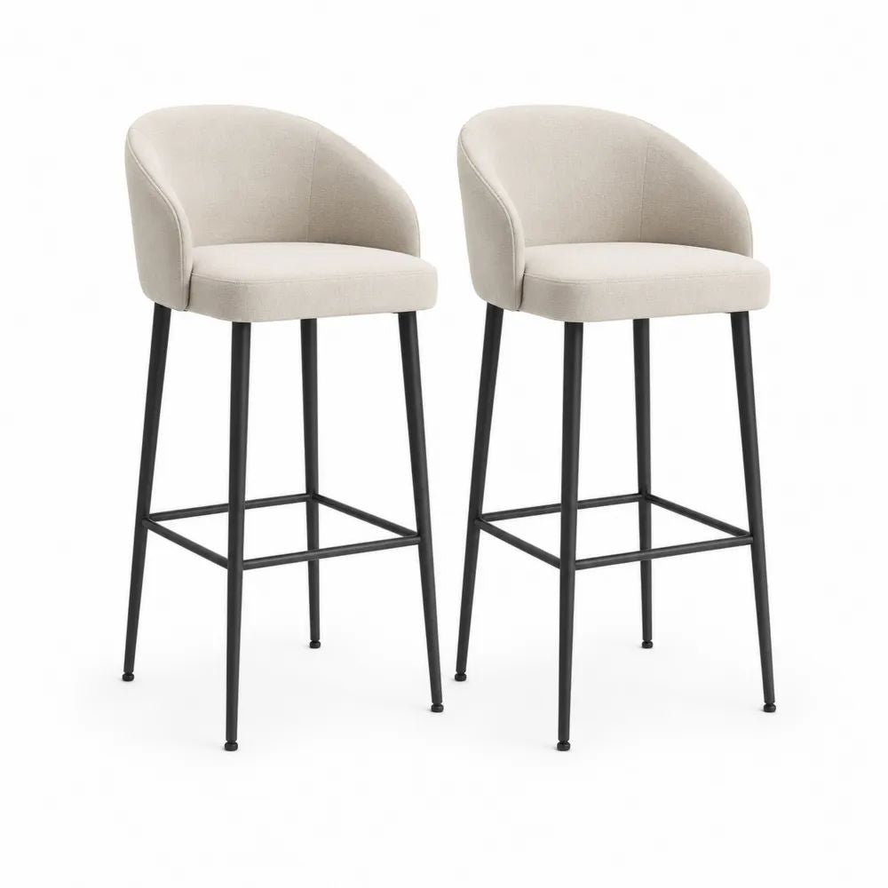 Lot de 2 tabourets de bar en tissu beige et acier noir avec dossier enveloppant, 52 × 56 × 101 cm, hauteur d’assise 75 cm