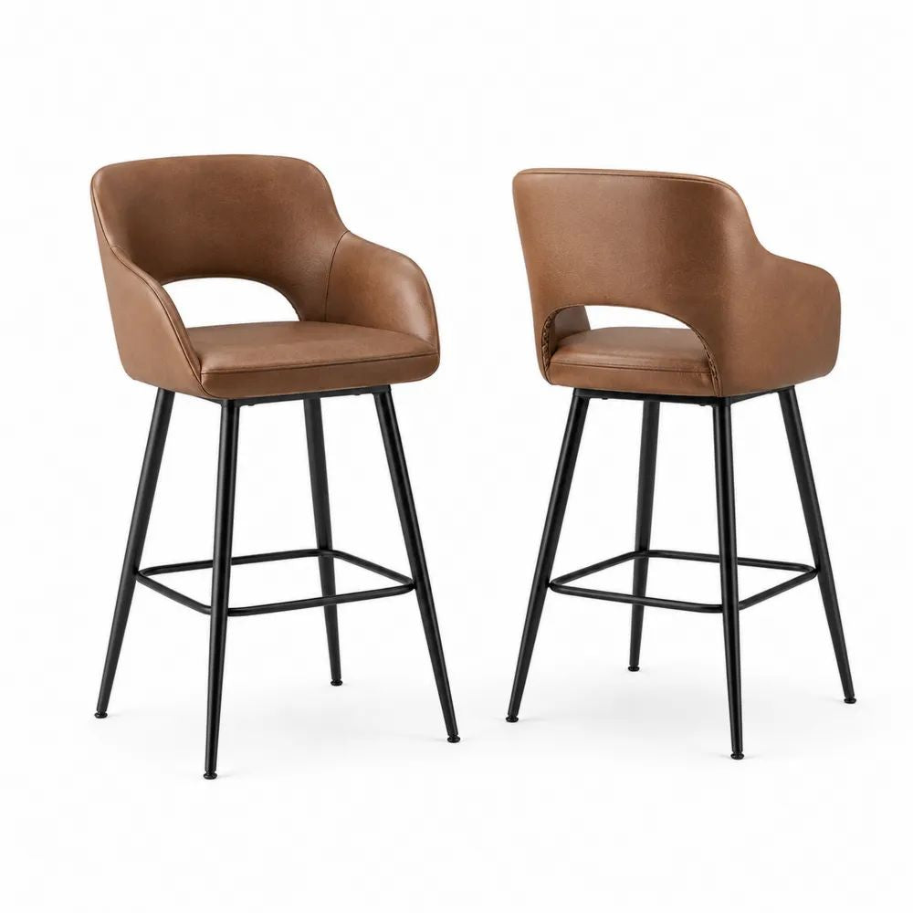 Lot de 2 tabourets de bar en polyuréthane marron et acier noir avec dossier et accoudoirs, 55 x 57 x 100 cm, hauteur d’assise 68 cm