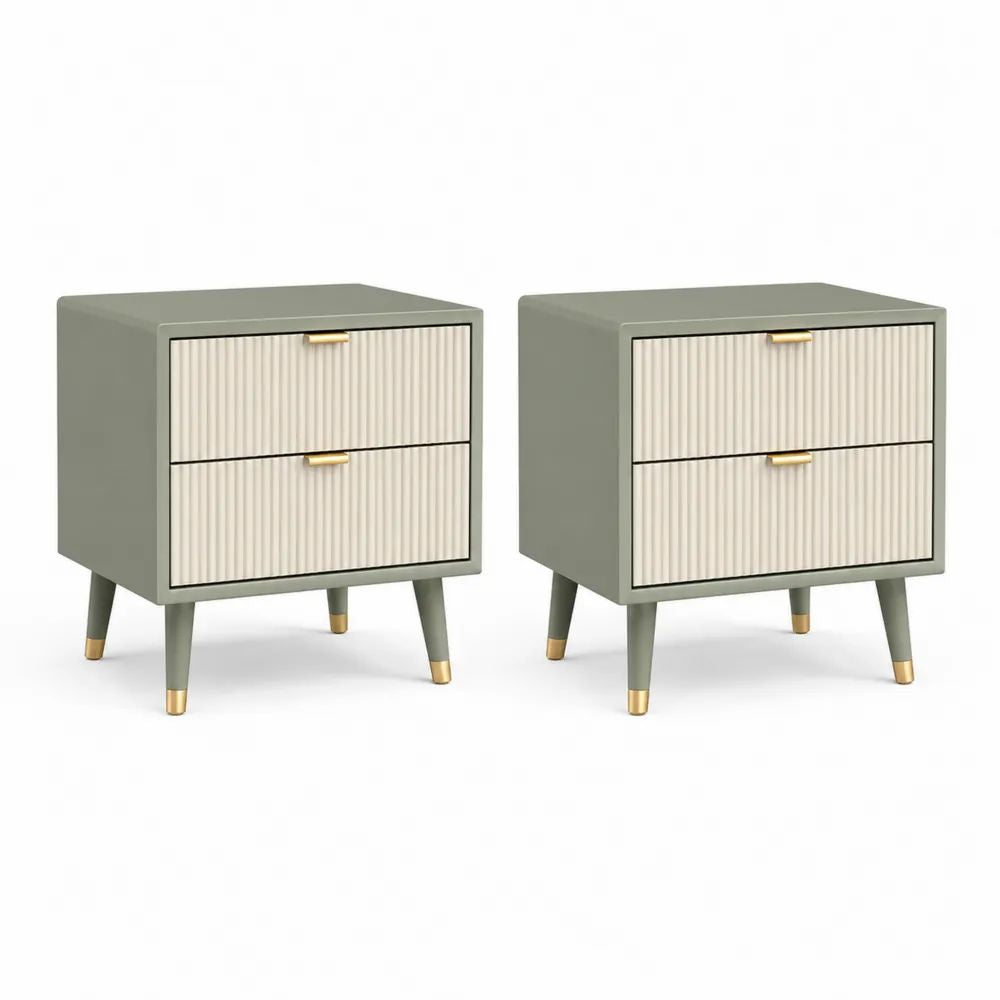 Lot de 2 tables de chevet rectangulaires en MDF vert sauge et crème avec 2 tiroirs, 45 × 35 × 55 cm