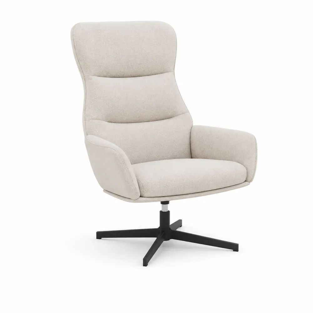 Fauteuil pivotant de salon en tissu bouclé crème et métal noir avec dossier haut incurvé, 76 x 82 x 102 cm