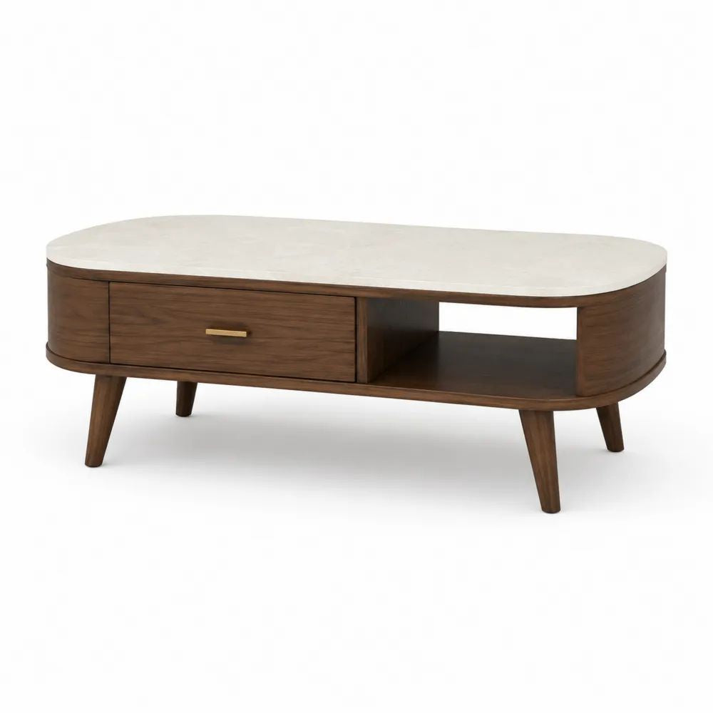 Table basse ovale avec rangement en pierre frittée et placage noyer, marron et blanc, 110 × 55 × 45 cm