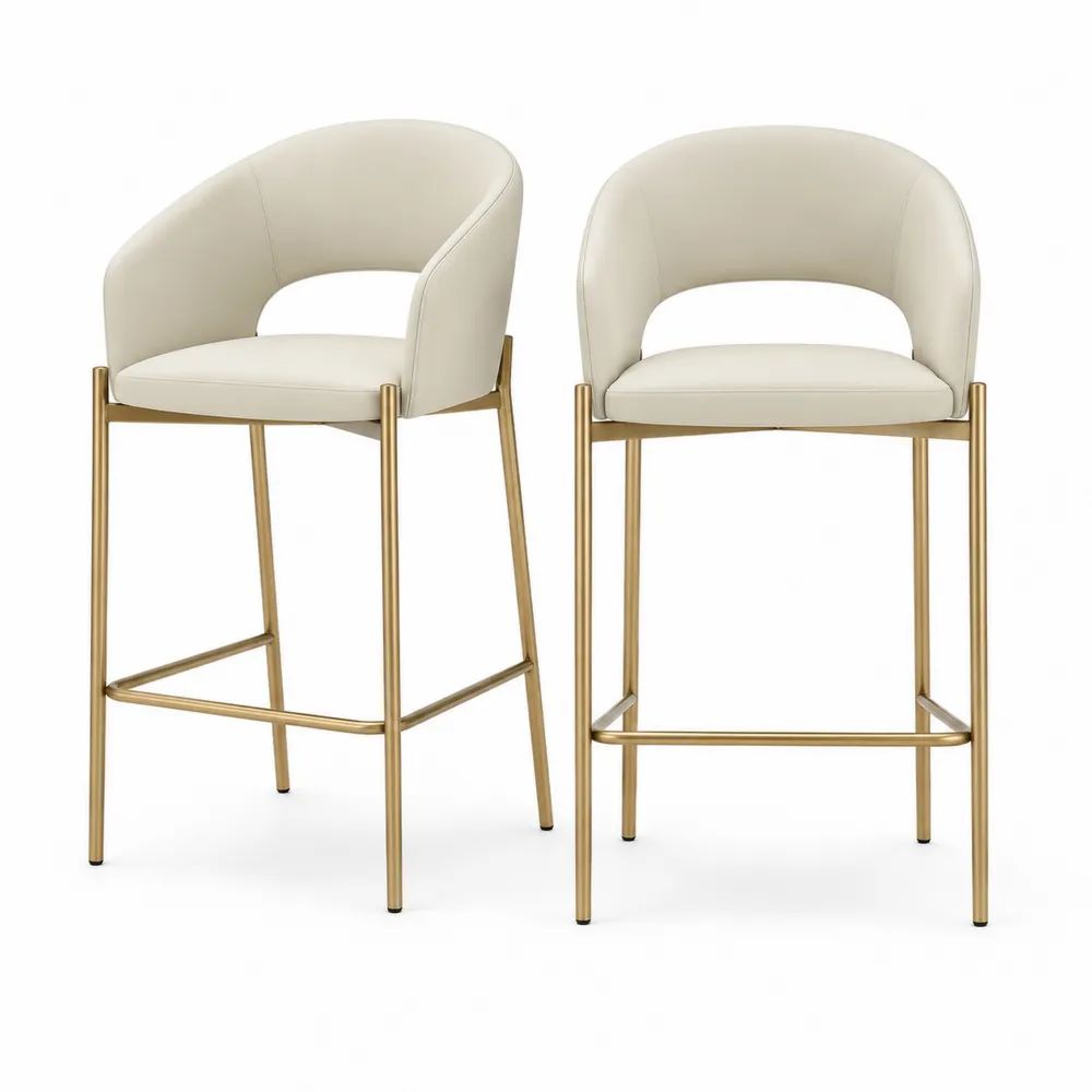 Lot de 2 tabourets de bar en similicuir ivoire et métal doré avec dossier arrondi, 54 × 54 × 95 cm, hauteur d’assise 65 cm