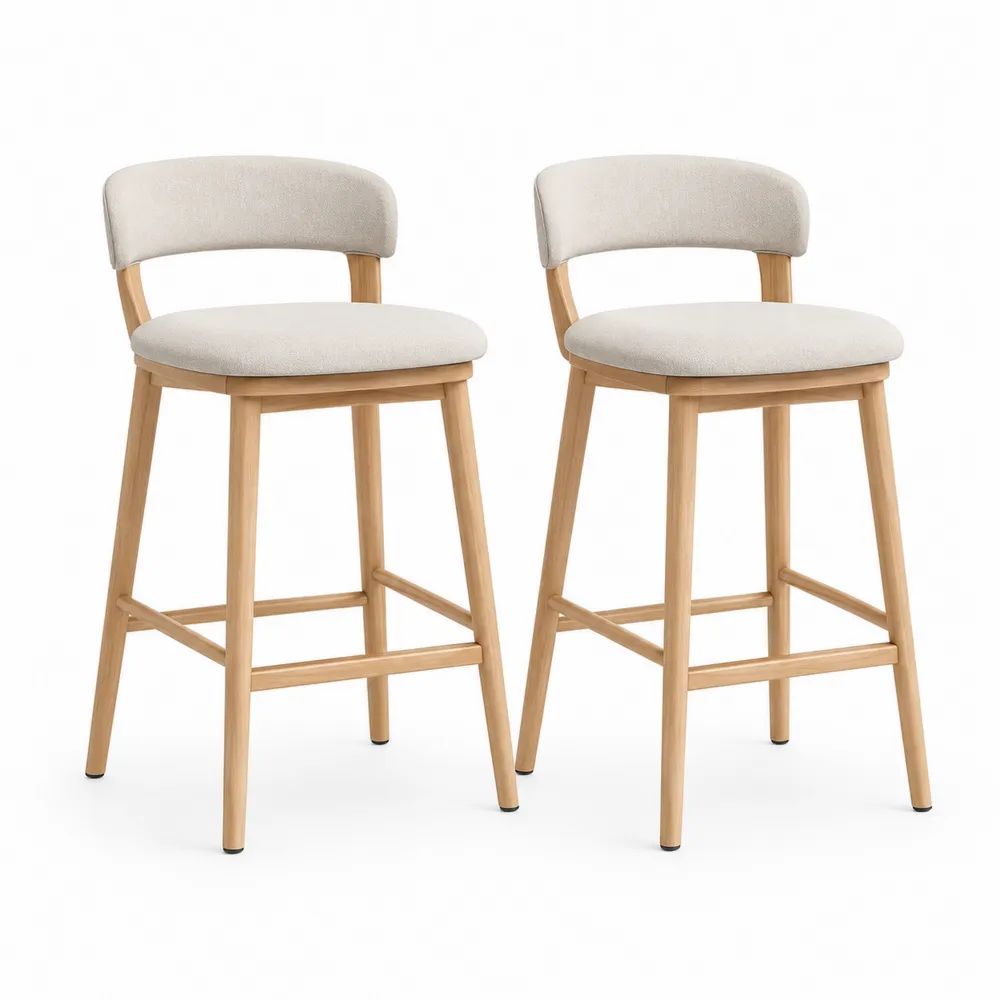 Lot de 2 tabourets de bar en bois naturel et tissu bouclé beige, 50 × 52 × 94 cm, hauteur d’assise 65 cm, dossier arrondi