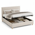 Lit coffre double 160 x 200 cm en tissu beige, tête de lit rembourrée et sommier relevable, 217 x 172 x 110 cm