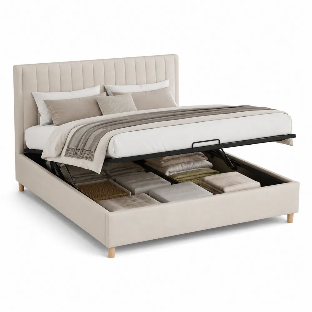 Lit coffre double 160 x 200 cm en tissu beige, tête de lit rembourrée et sommier relevable, 217 x 172 x 110 cm