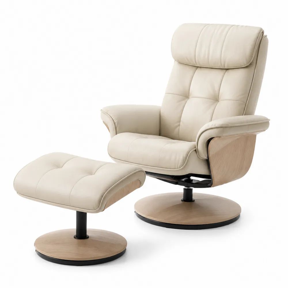 Ensemble fauteuil relax pivotant en similicuir beige, chêne clair et noir avec repose-pieds, 80 × 82 × 105 cm