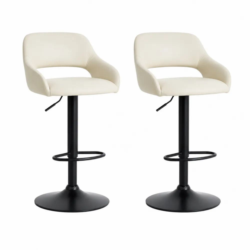 Lot de 2 tabourets de bar pivotants et réglables en polyuréthane crème et acier noir avec dossier et accoudoirs, 52 × 50 × 86–107 cm