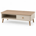 Table basse rectangulaire en MDF plaqué chêne et hévéa massif avec tiroir et niche, beige et chêne naturel, 100 × 55 × 40 cm