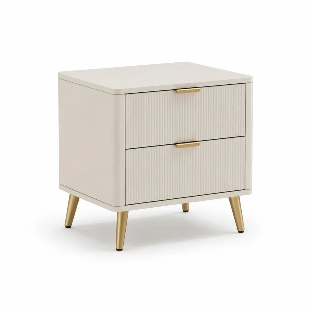 Table de chevet rectangulaire à 2 tiroirs en MDF et acier, beige et doré, 50 × 40 × 55 cm