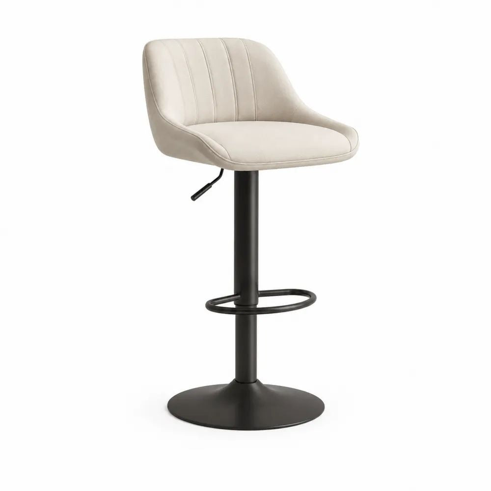 Tabouret de bar réglable et pivotant en similicuir beige avec dossier et pied en acier noir, 52 × 50 × 85–106 cm