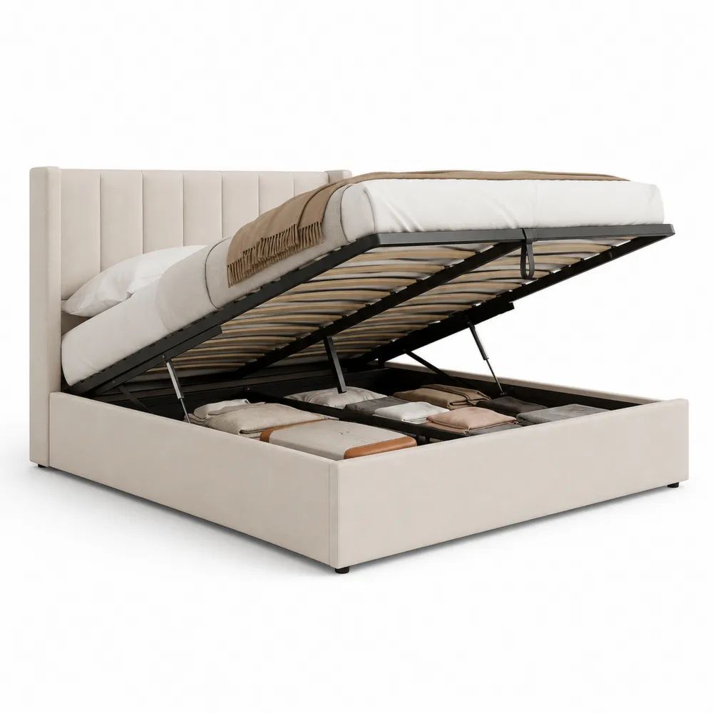 Lit coffre double 160 x 200 cm en polyester beige avec sommier à lattes et tête de lit rembourrée