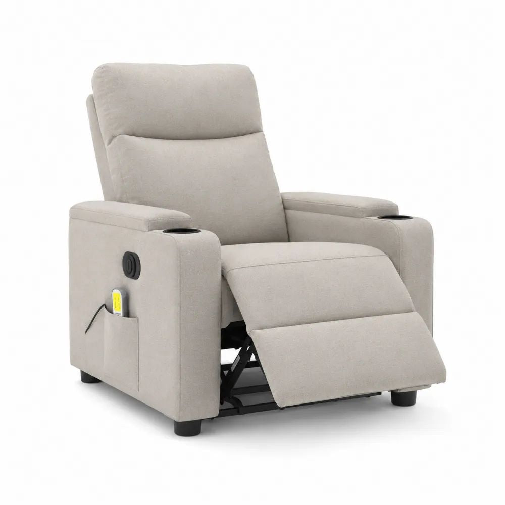 Fauteuil relax électrique 1 place en polyester beige clair et noir avec dossier haut, repose-pieds et porte-gobelets, 91 × 95 × 101 cm