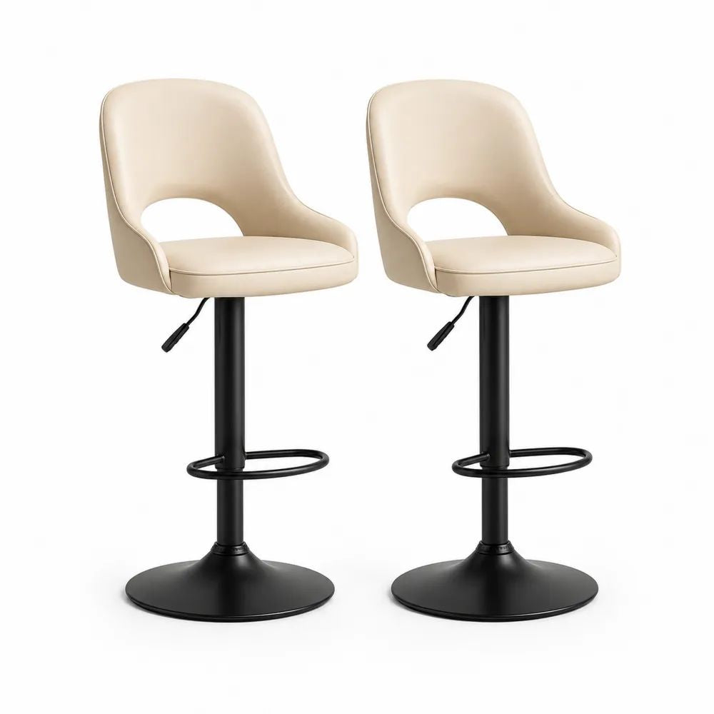 Lot de 2 tabourets de bar pivotants et réglables en similicuir beige et métal noir, 48 × 52 × 88-109 cm