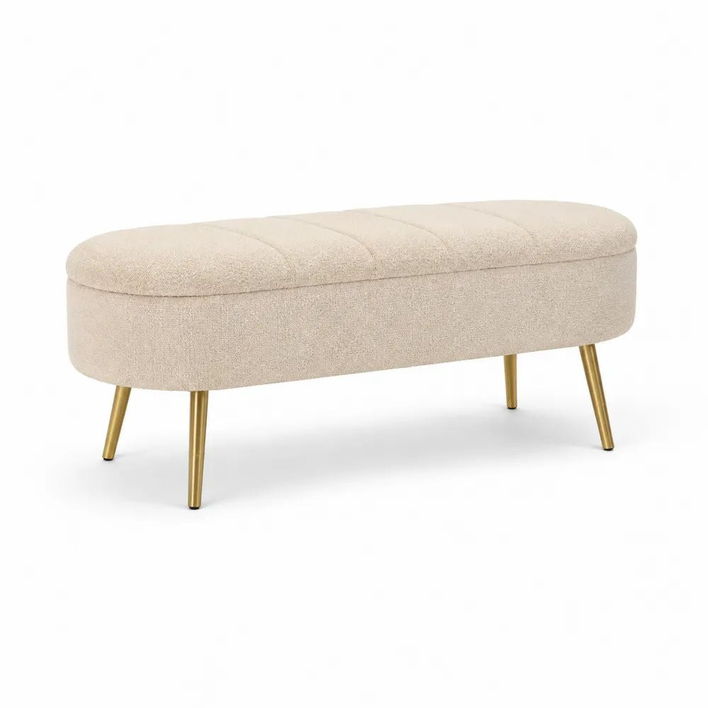 Banquette coffre bout de lit en tissu bouclé crème avec pieds en métal doré, 110 × 40 × 45 cm
