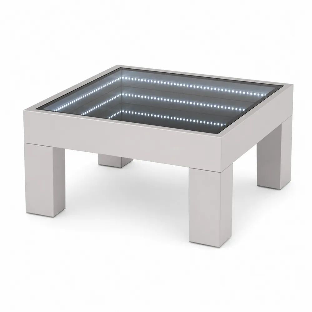 Table basse carrée LED à effet miroir infini en MDF et verre, Blanc/Noir, 80 × 80 × 45 cm